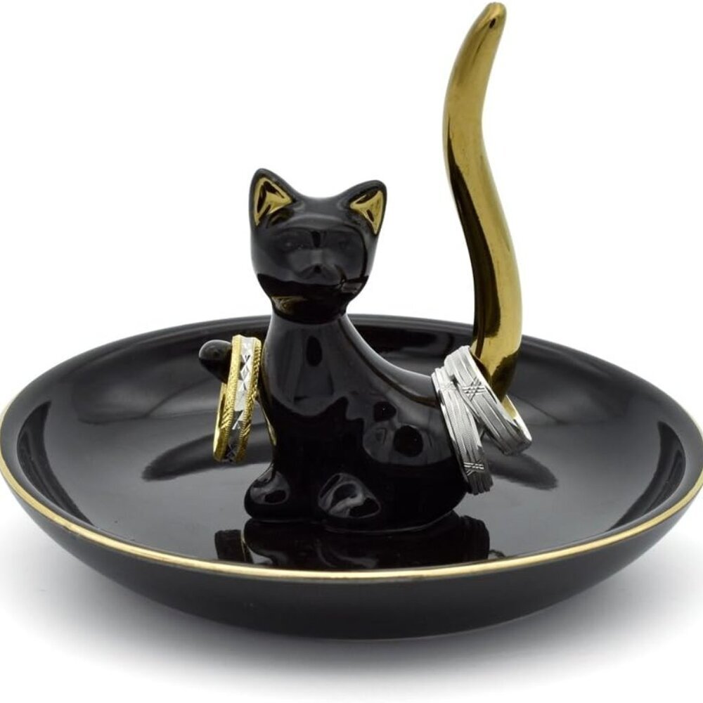 Happy Cat Posture Trinket Tray Decorative Ring Holder Jewelry Storage Dish Black